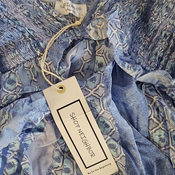 NWT - Shop Neighbor MD Blue Boho Puffy Sleeve Mini Romper - Picture 7 of 8